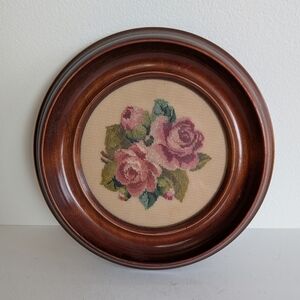 Vtg pink roses Petit Point needlepoint embroidery Round Wood frame wall decor
